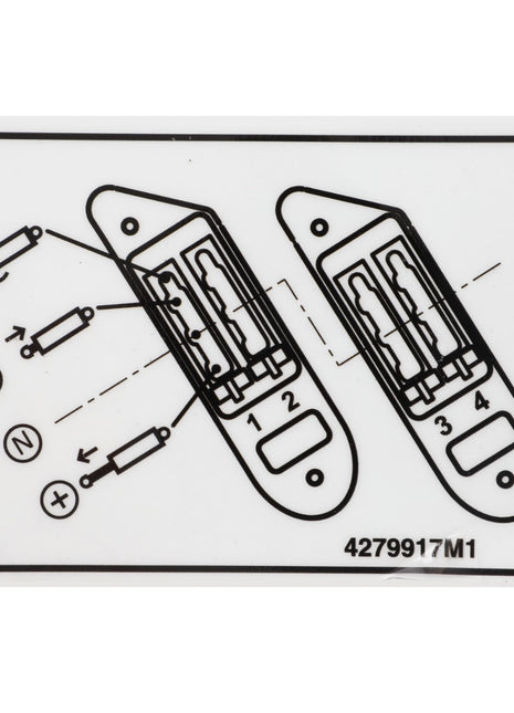 Diagram showing instructions for inserting four batteries into a device, indicating proper orientation with positive and negative signs. Product: AGCO | Decal - 4279917M1. Brand: AGCO.