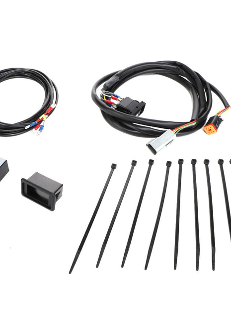 No product description for the AGCO | SELECTOR - AL5033992 from AGCO currently includes a wiring harness kit with two bundles of cables, two connectors, a metallic component, a small black box, and eleven black zip ties arranged on a white background.
