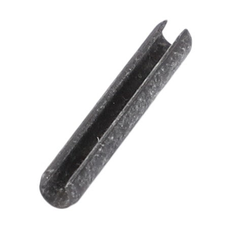 Close-up image of the AGCO | Tensioning Pin - X500609900000, a cylindrical metal pin featuring a longitudinal slot, frequently utilized as a tension or spring pin in mechanical assemblies, especially in Fendt models.
