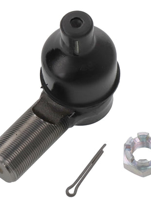 Image of the AGCO Tie Rod End - Acw1105600 by AGCO, featuring a black automotive tie rod end with a threaded shaft, accompanied by a cotter pin and a castle nut.