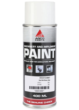 A 400 ml can of AGCO Parts Ideal Dull Black 35U aerosol paint, SKU 3934134M7. The label indicates it is perfect for quick-drying touch-up paint on metal surfaces and has UOH 7Q1, E4180, BJ.