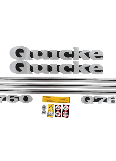 AGCO | DECAL - AL1123686 set includes two "Quicke" text decals, two "Q760" text decals, three striped decals, and multiple warning labels under the AGCO brand. Currently, detailed product description information is not available.