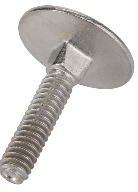 Close-up of the AGCO | Bolt - Acp0150830, a silver metal bolt with a round flat head and threaded shaft. The reflective surface enhances its sleek appearance, and the bolt is showcased in isolation on a white background.