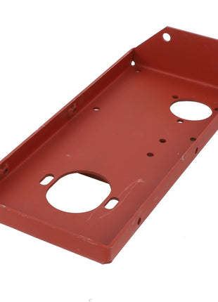 AGCO's BRACKET - D28282283 is a rectangular red metal panel with rounded edges, featuring two large circular cutouts and several smaller holes along its surface. No current product description information available.