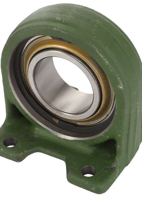 The AGCO | BEARING - D26737040 is a housed bearing unit with a green housing and a metal bearing insert, featuring a base with mounting holes. No current product description information available.