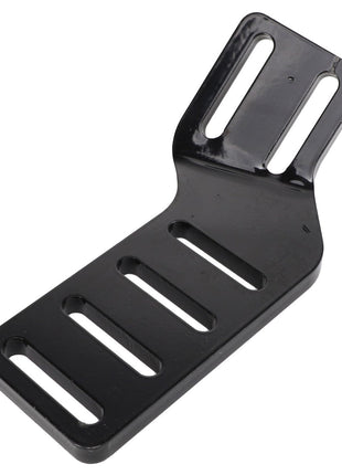 The AGCO SUPPORT - AL10382842 is a black, flat metal bracket featuring five elongated slots, designed for mounting or securing purposes.