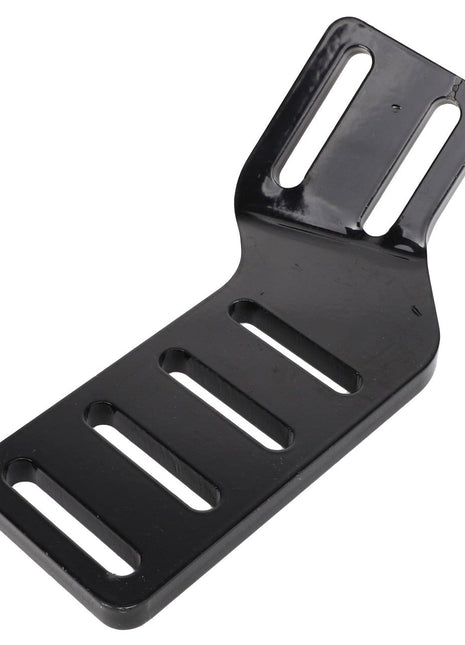 The AGCO SUPPORT - AL10382842 is a black, flat metal bracket featuring five elongated slots, designed for mounting or securing purposes.