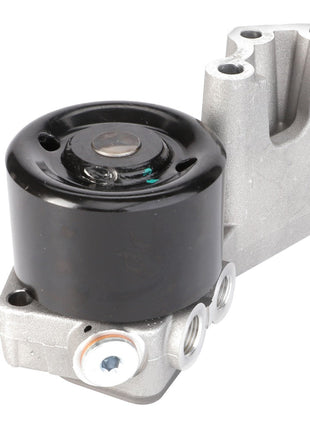 Close-up of the AGCO Fuel Pump, model F718202710500, featuring a cylindrical black component affixed to a sleek silver metallic base, complete with mounting holes and connectors.