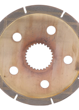 Close-up of the AGCO Brake Disc - V30184800, a circular metal disc with five holes around the inner edge and multiple grooves on the surface, essential components in a high-performance braking system using Genuine AGCO Parts.