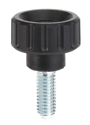 The AGCO KNOB - 0.010.1336.2 is a black plastic, knurled thumb screw with a metal threaded shaft. For queries, contact our support team.