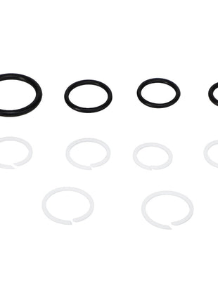 Five black O-rings from the AGCO O-RING KIT - AG716814 and five white split rings arranged in two rows on a white background, showcasing precision performance and the best fit.