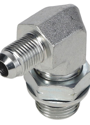 The AGCO | ELBOW - AG517522 is a metal 90° elbow pipe fitting with threaded ends and a male O-ring, designed for connecting two pipes at a right angle.