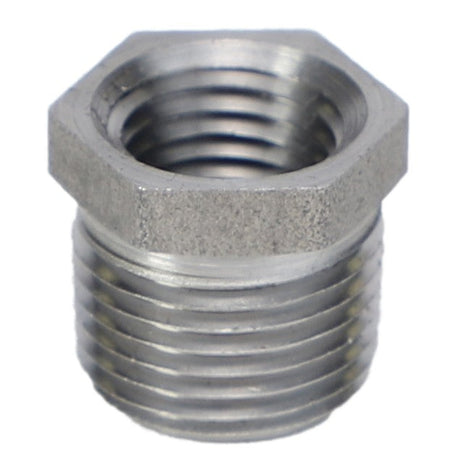 The AGCO BUSH - AG551228, a metallic hex nipple adapter with threaded ends, is designed for connecting two pipes of different diameters. No current product description information is available.