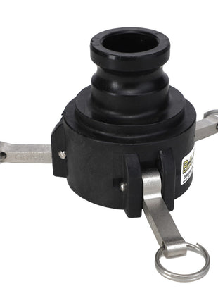 The AGCO | COUPLING - AG428653 is a black plastic camlock coupling featuring metal clasps on three sides and a threaded opening on top. The clasps, equipped with attached rings for securing, ensure a secure fit similar to cam lever couplings.