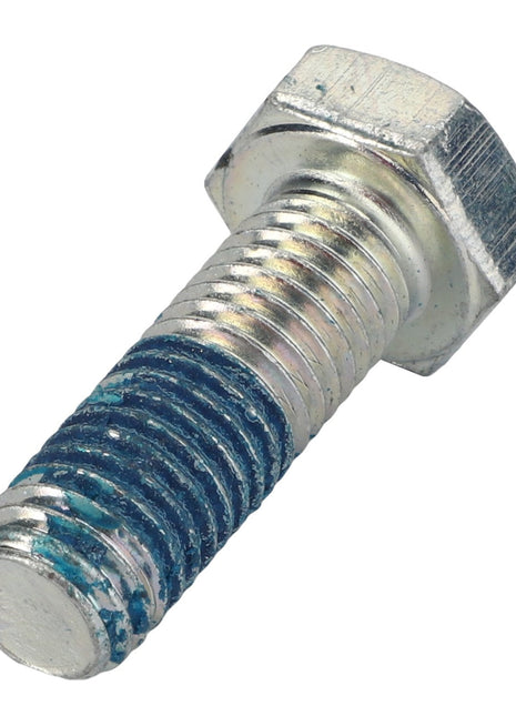 Close-up of an AGCO | HEXAGONAL HEAD BOLT - 0901-30-89-00, prominently featuring blue thread-locking compound on its lower threads, ensuring secure fastening.