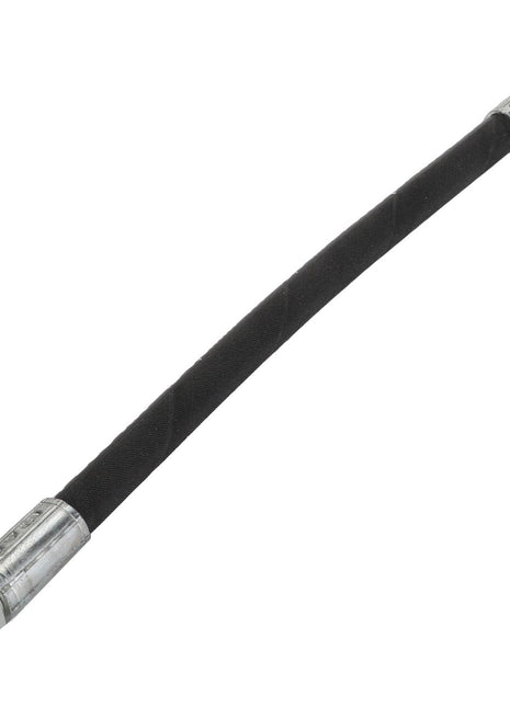 The AGCO Hydraulic Hose - Acw1758290 is a flexible black hose featuring metal fittings on both ends, ideal for connecting components in mechanical or hydraulic systems. Currently, there is no additional product description information available.