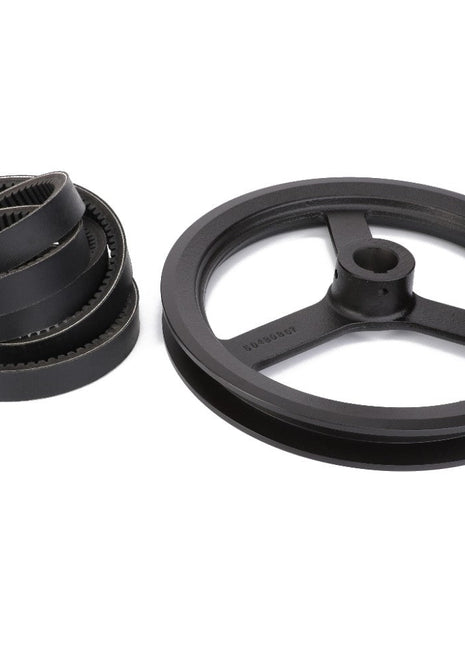 The AGCO Fan Speed Reducer - D28085780, featuring a coiled black timing belt, sits beside a sleek black pulley wheel on a pristine white background.