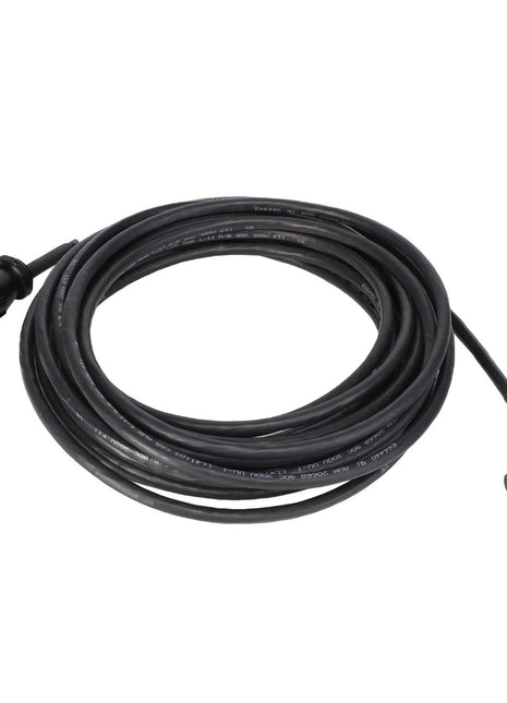 The AGCO | WIRE HARNESS - AG610787 is a coiled black electrical cable featuring a cylindrical connector on one end and an L-shaped connector on the other.