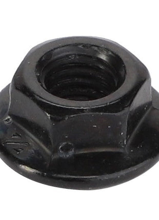 The AGCO Hex Flange Nut - Acx2950390, a sleek black nut featuring a threaded interior and a wide, flat flange base, is showcased against a pristine white background.