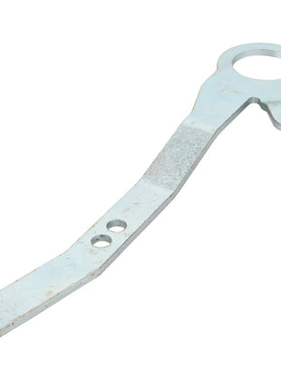 Product Name: AGCO | Lever - Acp0335670
Brand Name: AGCO

Description: The AGCO Lever - Acp0335670 is a metallic, flat tool featuring a looped end and two holes near the opposite end, likely designed for tightening or loosening fasteners.