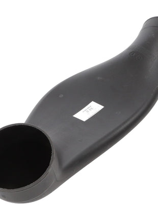The AGCO Hose - Acw034083A is a black plastic automotive pipe designed with a curved shape, featuring a wide round opening at one end and a tapered end on the opposite side. A small white label is attached near the wider end. No current product description information is available.