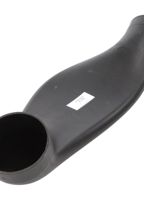 The AGCO Hose - Acw034083A is a black plastic automotive pipe designed with a curved shape, featuring a wide round opening at one end and a tapered end on the opposite side. A small white label is attached near the wider end. No current product description information is available.
