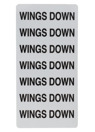 A white AGCO sign, labeled as "Decal - Acp0037750," featuring the phrase "WINGS DOWN" repeated seven times in black capital letters.