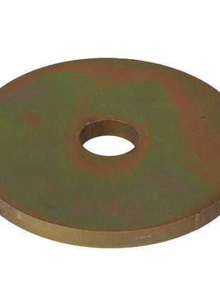 A flat, circular metal disc with a central hole, displaying a tarnished surface. Currently, no product description information is available for the AGCO | WASHER - AG520584 from AGCO.