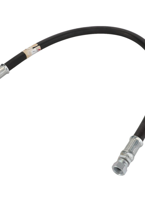 Introducing the AGCO | Hydraulic Hose - Acp0004450. This black, flexible hydraulic hose is designed with metal fittings on both ends, featuring a right-angle fitting on one end and a straight fitting on the other. The detailed product description ensures customers know exactly what to expect, even if specific details might be unavailable.