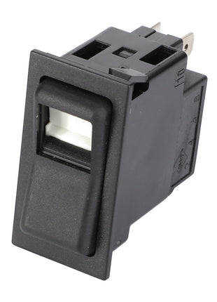 The AGCO Switch, Rocker - V30943900 features a black rectangular design with a white center component and two metal prongs at the rear for electrical connections.