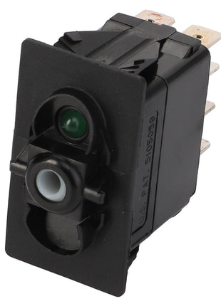 The AGCO SWITCH - D45050041 is a black, rectangular electrical switch featuring multiple metal prongs and a green indicator light. Detailed product description information is currently unavailable.