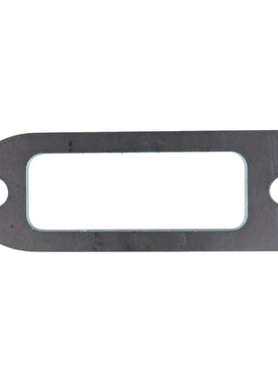The AGCO Seal - F214202090110 is a metal plate featuring an oblong rectangular center cutout, with two circular holes on opposite ends for secure mounting.