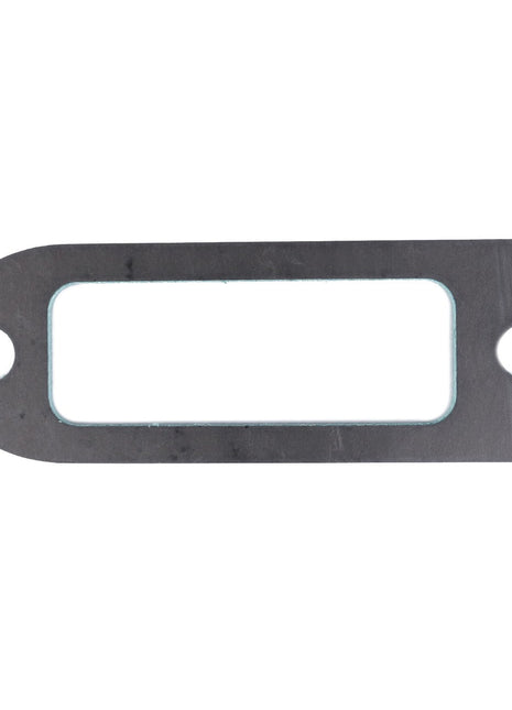 The AGCO Seal - F214202090110 is a metal plate featuring an oblong rectangular center cutout, with two circular holes on opposite ends for secure mounting.