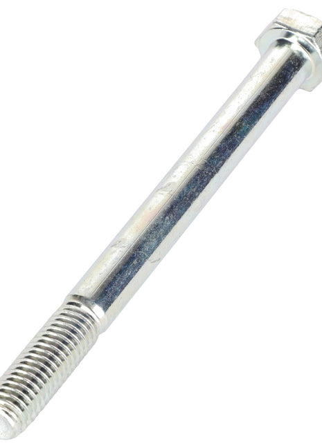 A close-up image of an AGCO SCREW - AL5002081, showcasing its silver finish with threading on one end and a smooth cylindrical shaft leading up to the hexagonal head.