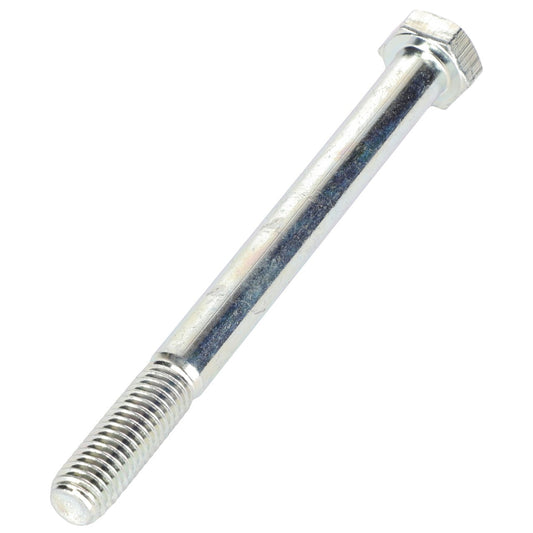 A close-up image of an AGCO SCREW - AL5002081, showcasing its silver finish with threading on one end and a smooth cylindrical shaft leading up to the hexagonal head.