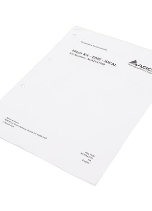 The AGCO assembly instructions packet, named "AGCO | Assembly Instruction - Acx2547770" and branded by AGCO, features a white cover with holes for a binder and includes additional product and contact information at the bottom. Please note: No current product description information is available.