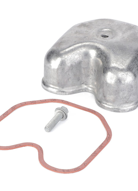 A sleek AGCO Cylinder Head Cover - F214202210380, a sturdy bolt, and a perfectly fitting gasket are meticulously arranged on a clean white background.