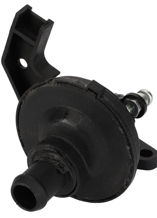 A black plastic automotive part from AGCO, named the Cock - 3907442M1, features a cylindrical protrusion and mounting brackets on each side, compatible with various Massey Ferguson models.