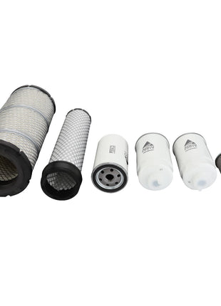 A row of six different AGCO automotive filters and one O-ring gasket, arranged in descending order of size from left to right. No current product description available for individual items. Product Name: AGCO | Kit, Filter - Acp0210110. Brand Name: AGCO