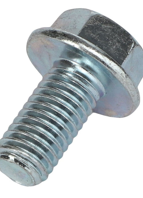 A close-up view of the AGCO SCREW - AL5005993, featuring a metallic hex bolt with a threaded shaft and washer-like flange below the head; its precision is unmatched by current product descriptions.