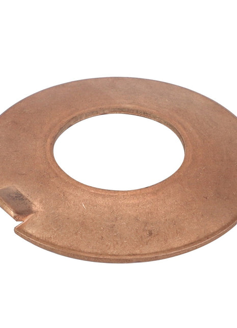 The AGCO Thrust Plate (V30965100) is a durable and precisely fitting copper flat washer, featuring a large central hole and a small outer notch, suitable for various applications.