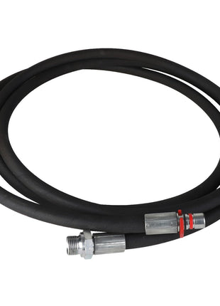 AGCO | HYDR. HOSE - AL9032606: A coiled black hose with metal connectors on both ends. No product description available.