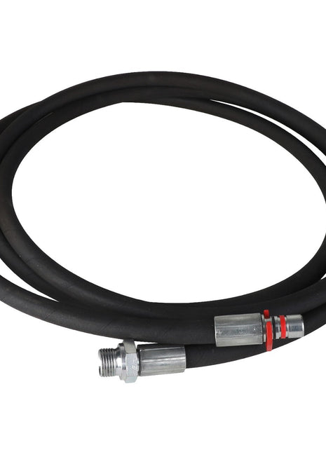 AGCO | HYDR. HOSE - AL9032606: A coiled black hose with metal connectors on both ends. No product description available.