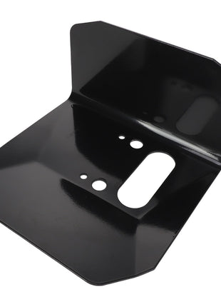 The AGCO | PROTECTIVE PLATE - AL60009571, by AGCO, is a black metal bracket featuring multiple cutouts and bent angles, specifically designed for mounting or supporting hardware components.