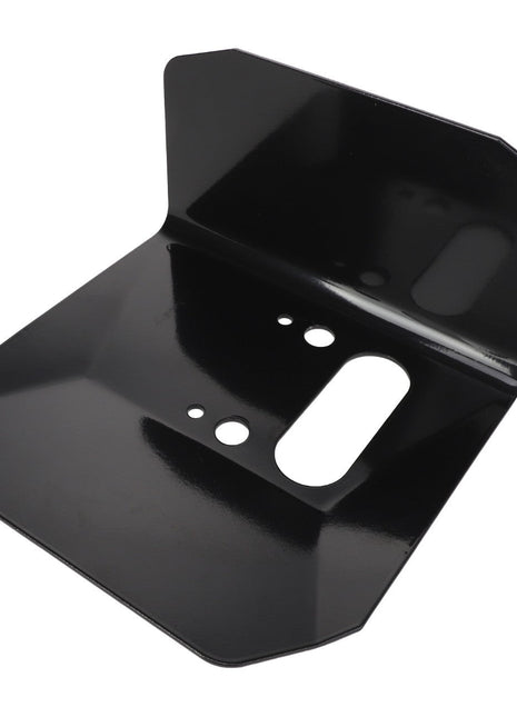 The AGCO | PROTECTIVE PLATE - AL60009571, by AGCO, is a black metal bracket featuring multiple cutouts and bent angles, specifically designed for mounting or supporting hardware components.