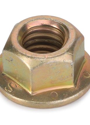 An AGCO Nut - Y704742 with a threaded interior, made of metal with a slightly tarnished bronze finish.