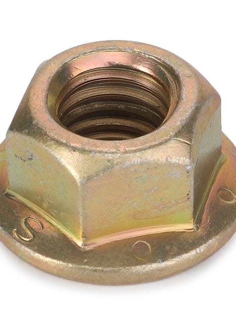 An AGCO Nut - Y704742 with a threaded interior, made of metal with a slightly tarnished bronze finish.