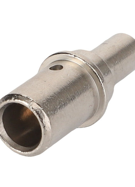 A close-up image of the AGCO Socket Contact Pin - 816900043200, a metallic cylindrical connector with a hollow center.