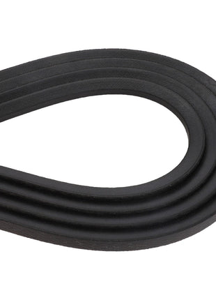 A close-up of the AGCO | Set Of Belts - Fel141613, featuring a black ribbed rubber belt looped in a curved shape, ensures optimal performance by reducing noise and slippage.