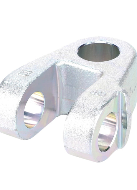 The AGCO | Clevis, Arm - F716870050080 is an industrial metal component designed as part of the Fendt Vario S4 hitch and linkage system, featuring a cylindrical hole at the top and two smaller holes at the bottom.